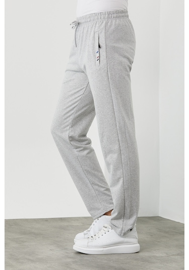 MMetalic Gri  Erkek Fermuar Cep Nakış Detaylı Düz Paça Rahat Kesim Eşofman Altı