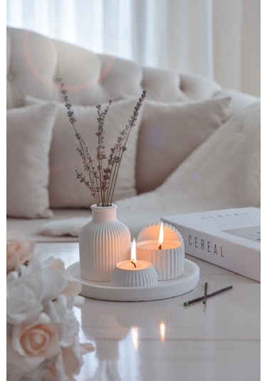 5 Parça Beyaz Renk Özel Tasarım Kokulu Soya Mum, Vazo, Tealightlı