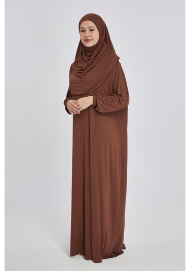 Pratik Başörtülü Rahat Giyilebilen Organik Tek Parça Namaz Elbisesi Çikolata