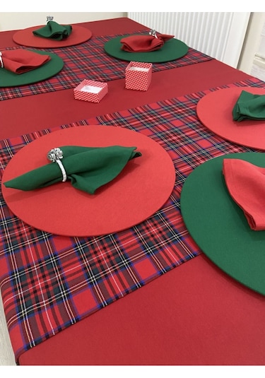 Kırmızı Masa Örtüsü , Ekose Runner , 2 Renk Supla Seti , Peçete 6 Kişilik