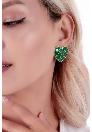 Bhs Life 925 Ayar Kadın Gümüş Kalp Yeşil Desenli Seramik Küpe Yeşil