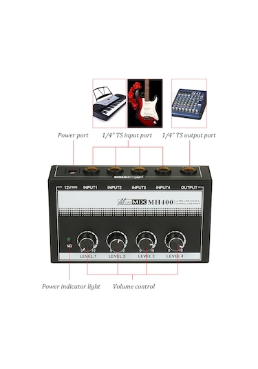 Hfambition 4 Girişli Mini Ses Karıştırıcı - Mikrofon Enstrüman Çıkışı - Metal Gövde - Ses Seviyesi Ayarlı 1/4" Ts - Avrupa Standartı 100-240v 10"
