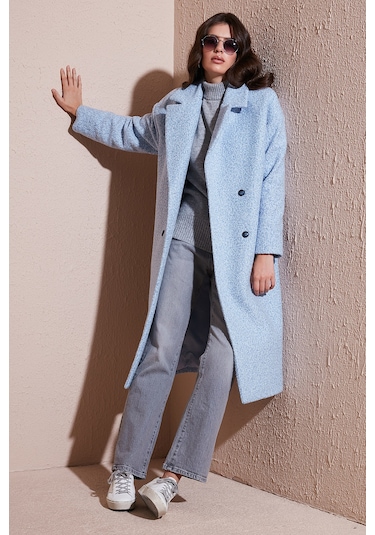 Lela Oversize Fit Mono Yaka Düğmeli Buklet Uzun Kaşe Bayan Kaban 6810236 Bebe Mavi