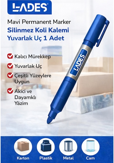 Lades Mavi Permanent Marker Silinmez Koli Kalemi Yuvarlak Uç 1 Adet 3b