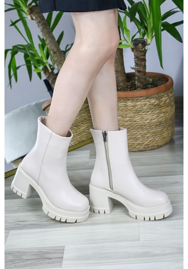 Asmi Shoes Kadın Leysi 8 Cm Platformlu Topuklu Fermuarlı Bot Krem Krem