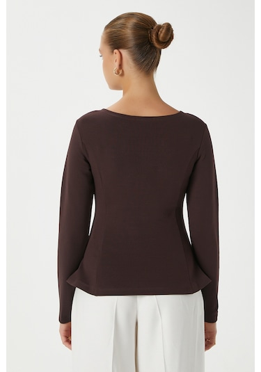 Ritnice Kadın Runa Premium Kahverengi Peplum Bluz Kahverengi