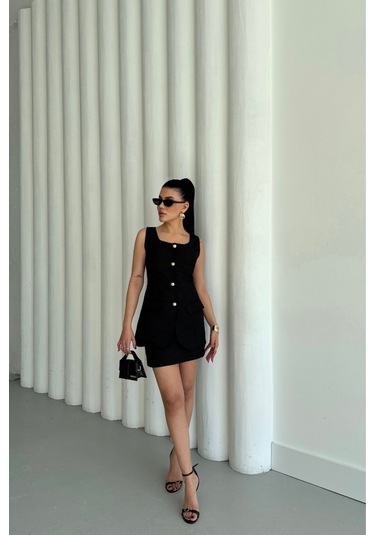 Sensuelle Jakar Keten Yelek - Kısa Etek Takım - Siyah Siyah