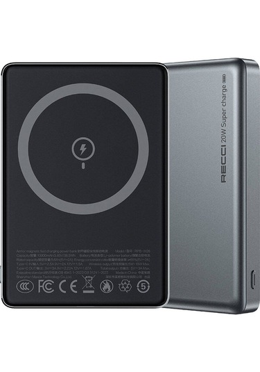 Recci RPB-W26 Armor Serisi 15 W 10000 mAh Ultra İnce PD 20W Hızlı Şarj Özellikli Powerbank Gri