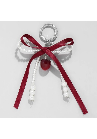 Dawndesslo Şarap Kolyesi Ve Anahtarlık - Kırmızı Kurdeleli Kiraz Desenli Kadın Aksesuarıblack