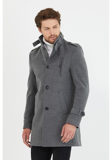 Erkek Gri Dar Kesim Dik Yaka Uzun Kaşe Kaban-Gri