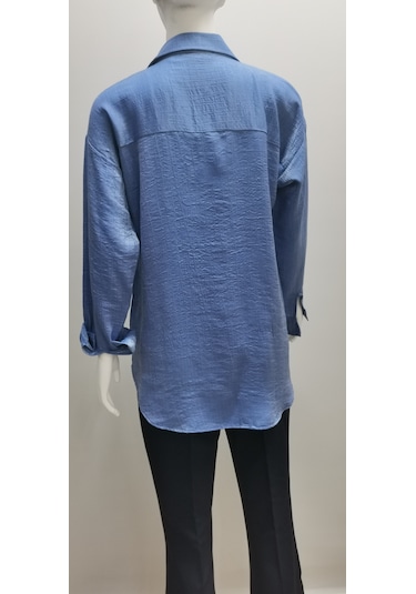 Kadın Uzun Kollu Salaş Kesim Parlak Simli Pamuk Gömlek Mavi