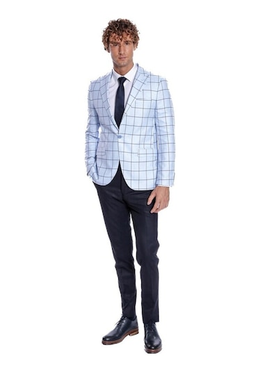 Kare Desenli Slim Fit Açık Mavi Erkek Ceket 001