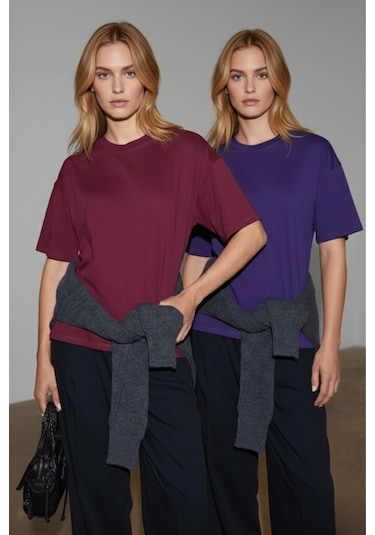 Soft&Basic Kadın 2'li %100 Organik Pamuk Oversize Fit Basic Yuvarlak Yaka T-shirt Bordo-mor