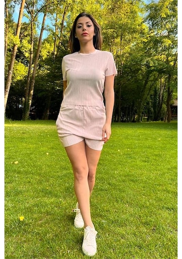 Neşeli Butik Kadın Yeni Sezon Piliseli Alt Üst İkili Takım Nb10047 Bej