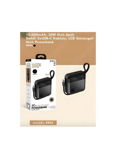10000mah Dijital Göstergeli Type-c Kablolu/girişli 20w Hızlı Şarjlı Powerbank - Siyah siyah