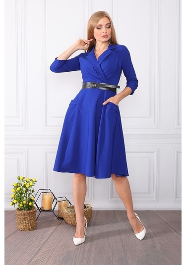 E.T.'S Element'S Kadın Kruvaze Yaka Elbise Saks Saks Mavisi