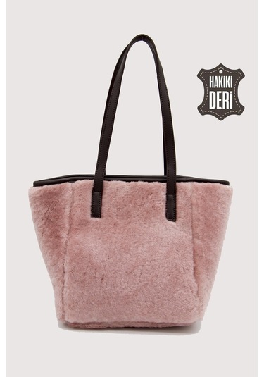 Hakiki Deri Kürklü Kadın El Çantası Pudra Smr9152 Pudra