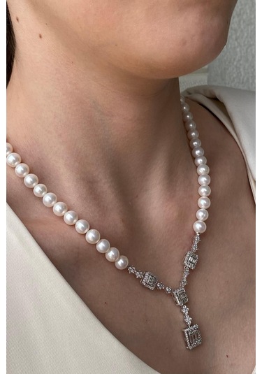 7,5 Mm Kadın Baget Taşlı Doğal İnci Küpe Kolye Bileklik Yüzük Dörtlü Set 11 Gümüş