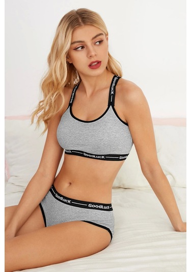 Kadın Gri Çapraz Sırtlı Yazılı Iç Çamaşır Takımı Çok Renkli