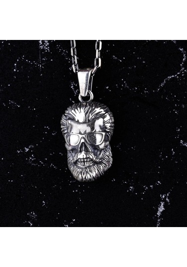925 Ayar Gümüş Sakallı Kafatası Kolye, Gözlük Takmış El Yapımı Kafatası Pendenti, Cesur Erkek Takısı Gümüş