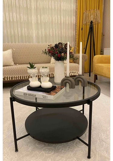 Nordic Orta Sehpa Temperli Cam 75 Cm Demonte Çizilmez Kırılmaz Metal Çerçeve Raflı Minimalist Sehpa - Siyah Siyah