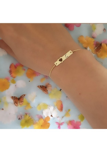 Archin L Harfine Özel 14 Ayar Altın Plakalı Zincirli Kalp Motifli Hediye Bileklik-432harf L