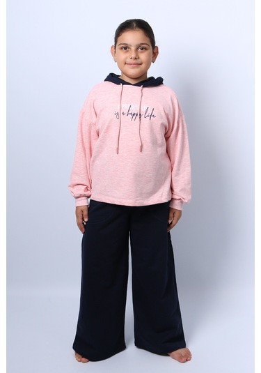 Kız Çocuk Kapşonlu Eşofman Takımı Baskılı İspanyol Paça C36 Yavruağzı