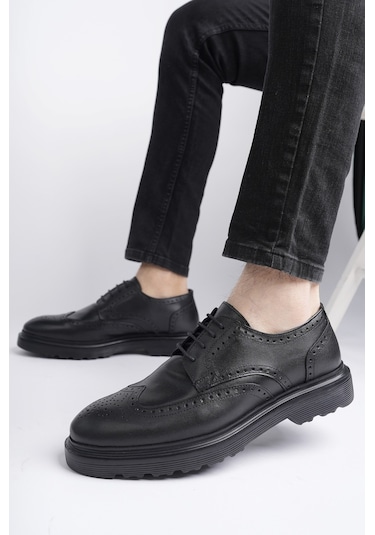 Muggo Andre Garantili Klasik Hakiki Deri Bağcıklı Ortopedik Erkek Casual Ayakkabı Siyah