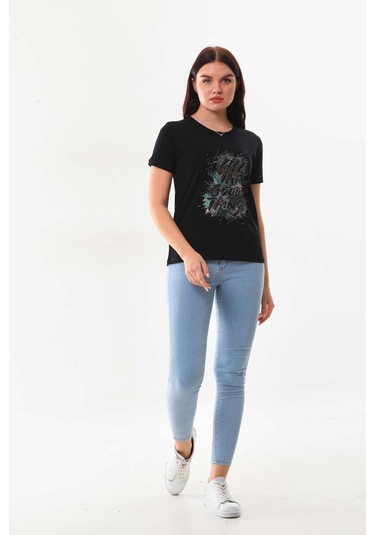 Sistas Kadın Yazı Detaylı Kısa Kol Pamuklu Bluz 23042 Siyah