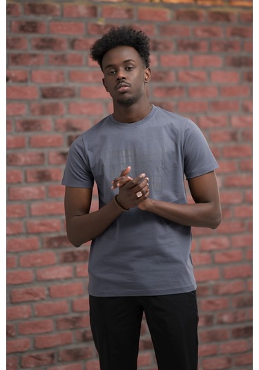 Slim Fit Pamuklu Önü Baskılı Sıfır Yaka T-shirt Gri
