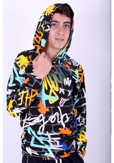 Grafiti Desenli Kapüşonlu Unisex 2 Iplik Turkuaz Sweatshirt Turkuaz
