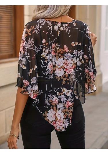 Modasize Kadın Kısa Kollu Yuvarlak Yaka Çiçek Baskılı Asimetrik Kesim Şifon Bluz Siyah