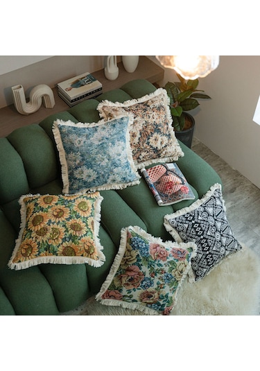 Youmex Amerikan Tarzı Desenli Dikişli Tasselli Yastık Kılıfı - Koltuk, Yatak, Araba İçin 60x60cm Dolgu Yok - Siyah Rozet Beyaz Diğer