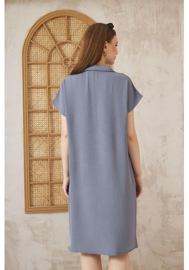 Kadın Bol Kesim Polo Yaka Kısa Kollu Günlük Kısa Midi Elbise Dizüstü 2883200 Gri