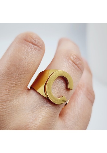 Çelik Gold Düz Kesim Harf Yüzük -c Harfi- Ayarlı Ölçü-1890 Altın