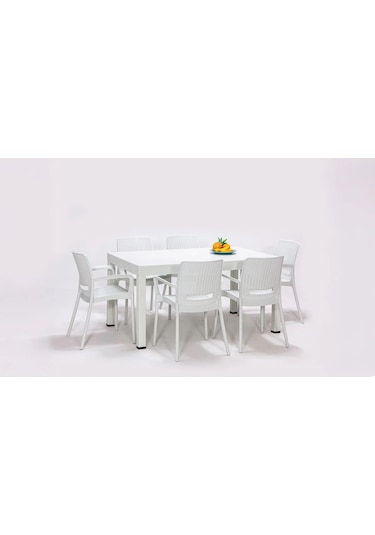 Rattan Lüx Dikdörtgen Masa Takımı 1 Masa + 6 Sandalye Beyaz Bahçe Balkon Teras Beyaz