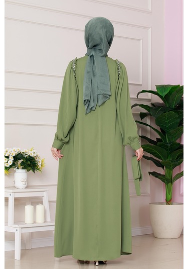 Omuzu Taş Detaylı Rose Elbise-fıstık Yeşili-4779 Fıstık Yeşili