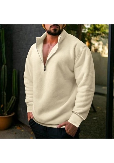 Erkek Yarım Fermuar Polar Kazak Üst Düz Renk Rüzgar Geçirmez Sonbahar Kış Uzun Kollu Yaka Kazak Beyaz