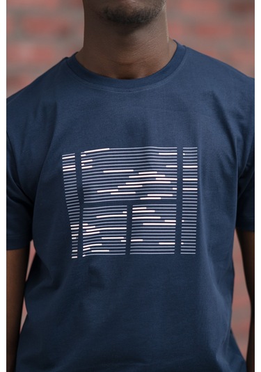 Slim Fit Sıfır Yaka Baskılı Pamuklu T-shirt Lacivert