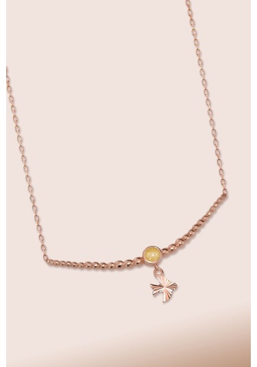 925 Ayar Gümüş Rose Kaplama Top Motifli Sarı Ay Taşı Kırlangıç Kolye