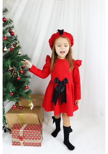 Kız Çocuk Kırmızı Sofia Pamuklu Fiyonk Detaylı Elbise Kep Abiye Takım Kırmızı