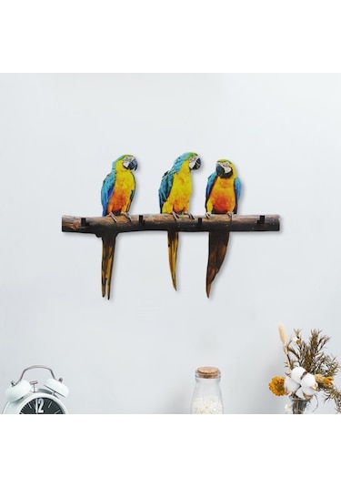 CajuArt Dal Üstünde Üç Renkli Papağan Anahtarlık Hol Duvar Askılık Süs Diğer
