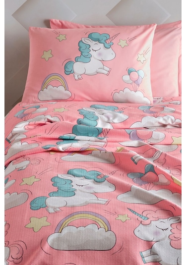 Enlora Home Baskılı Pike Takımı Tek Kişilik Unicornio Pembe