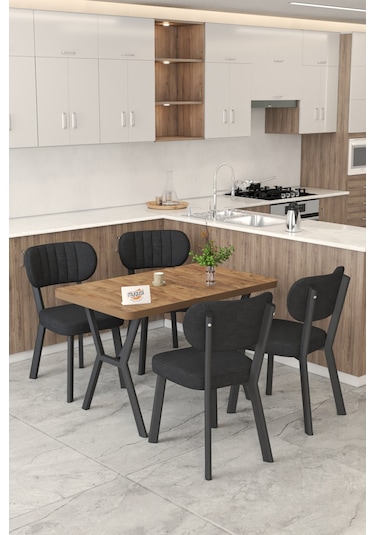 Gnr 70x110cm Sabit Atlantik Mutfak Masası Takımı, Yemek Masası, 4 Modern Siyah Sandalye Siyah