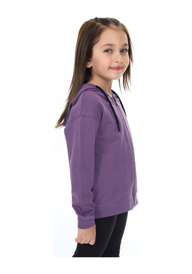 Toontoy Kız Çocuk Kapüşonlu Fermuarlı Cepli Düşük Omuz Nakış Baskılı Örme Hırka - 2 İplik Mor