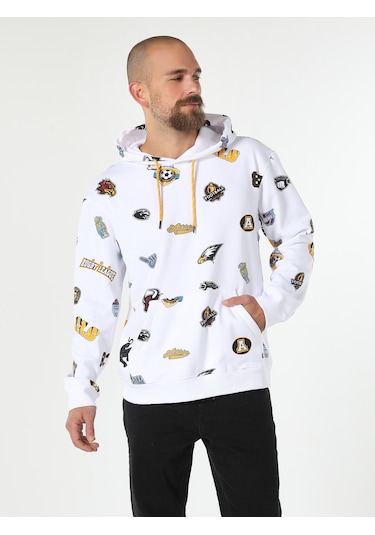 Colin's Regular Fit Baskılı Kapüşonlu Beyaz Erkek Sweatshirt CL1061644_Q1.V1_WHT