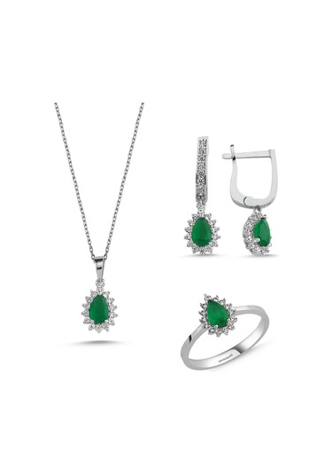 Sembol Gold Beyaz Altın Mini Set Zümrüt Damla 3lü Takım T7778 Renkli