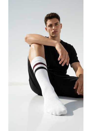 Erkek Spor Çorap 2 Li Set Nefes Alan Pamuklu Çizgili Soket Çorap Günlük Ve Spor Kullanım İçin Esnek Rahat Tasarım Siyah Beyaz