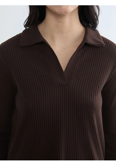 Lc Waikiki Kahverengi Polo Yaka Fitilli Kadın Sweatshirt