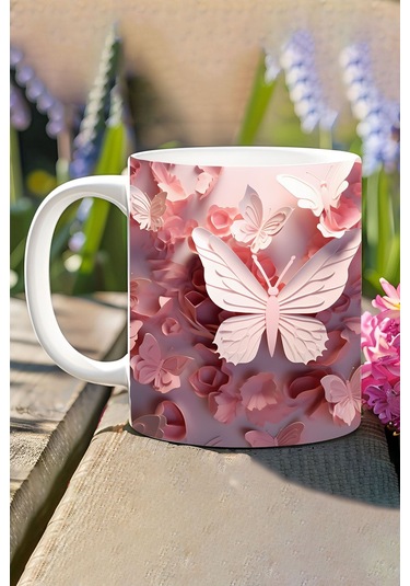 3d Görünümlü Pembe Çiçek Ve Kelebekler No:18 3d Tasarım Baskılı Kupa Bardak Mug Açık Mavi